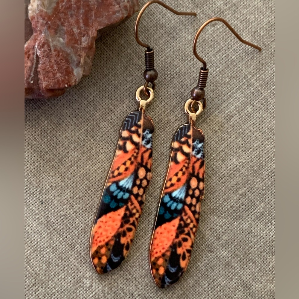 Feather Mosaic Monarch Earrings Enamel and Metal New